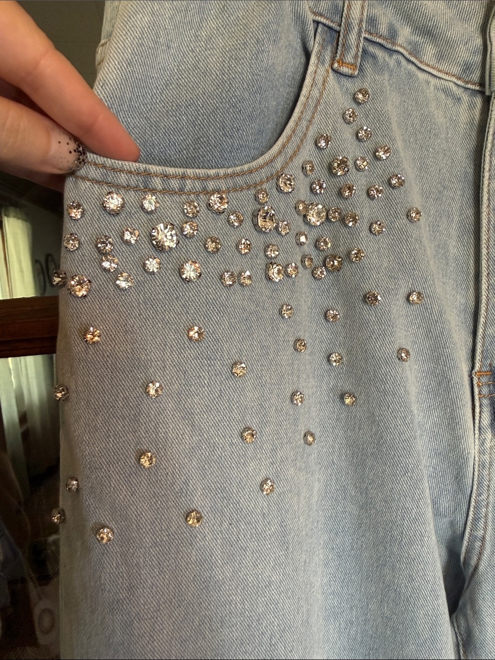 Sincerely Jules Rhinestone Embellished Wide Leg Jeans Light Wash Blue NWT 11/29 - Picture 5 of 7